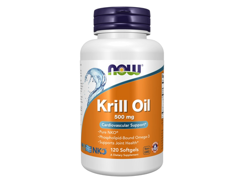 NOW Foods Krill Oil 500 mg NKO Phospholipid Omega-3 Softgels 120 Count front bottle view