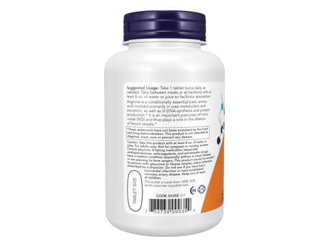 NOW Foods L-Arginine 1000 mg Vegetarian Tablets 120 Count suggested usage directions and product barcode