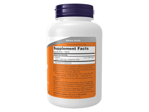 NOW Foods L-Arginine 1000 mg Vegetarian Tablets 120 Count Supplement Facts label with amino acid details
