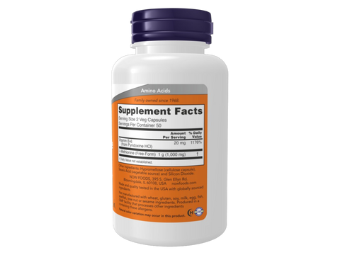 NOW Foods L-Methionine 500 mg Veg Capsules with Vitamin B-6 100 Veg Capsules Supplement Facts label with amino acid and vitamin B6 details
