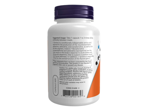 NOW Foods L-Tyrosine 750 mg Extra Strength Veg Capsules 90 Veg Capsules suggested usage directions and product barcode