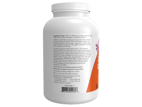 NOW Foods Lecithin Granules Source of Phosphatidyl Choline Non-GMO 454 g suggested usage directions and product barcode