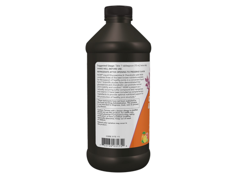 NOW Foods Liquid Glucosamine and Chondroitin with MSM Citrus Flavor 473 mL suggested usage directions and product barcode