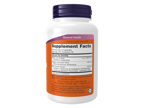 NOW Foods Liver Capsules with Milk Thistle Extract 100 Capsules Supplement Facts label with herbal liver support details