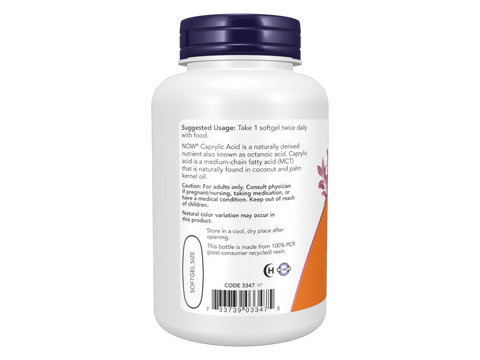 NOW Foods MCT Oil Supplement 600 mg Caprylic Acid Softgels 100 Softgels suggested usage directions and product barcode