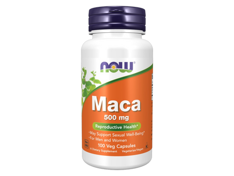 NOW Foods Maca 500 mg Veg Capsules Peruvian Root for Energy and Vitality 100 Veg Capsules front bottle view