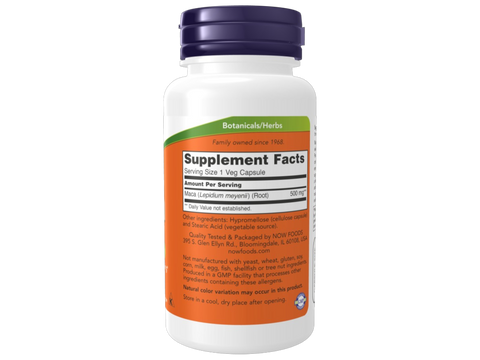 NOW Foods Maca 500 mg Veg Capsules Peruvian Root for Energy and Vitality 100 Veg Capsules Supplement Facts label with herbal root details