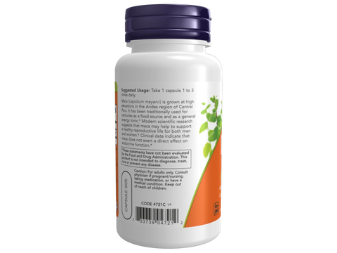 NOW Foods Maca 500 mg Veg Capsules Peruvian Root for Energy and Vitality 100 Veg Capsules suggested usage directions and product barcode