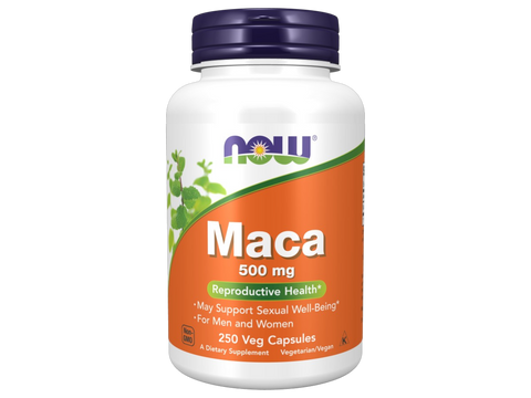 NOW Foods Maca 500 mg Veg Capsules Peruvian Root for Energy and Vitality 250 Veg Capsules front bottle view