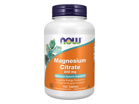 NOW Foods Magnesium Citrate 200 mg Tablets Essential Mineral 100 Tablets front bottle view