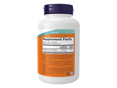 NOW Foods Magnesium Citrate 200 mg Tablets Essential Mineral 100 Tablets Supplement Facts label with magnesium details