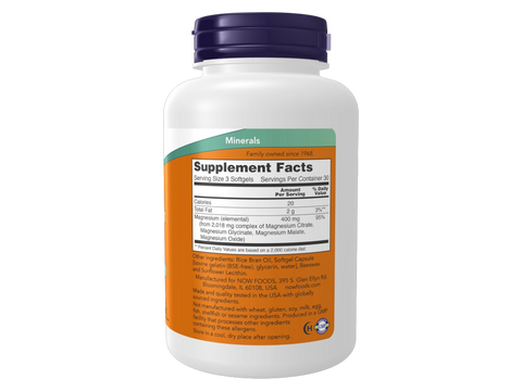 NOW Foods Magnesium Complex 400 mg Citrate Glycinate Malate Softgels 90 Softgels Supplement Facts label with magnesium blend details