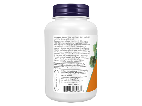 NOW Foods Magnesium Complex 400 mg Citrate Glycinate Malate Softgels 90 Softgels suggested usage directions and product barcode