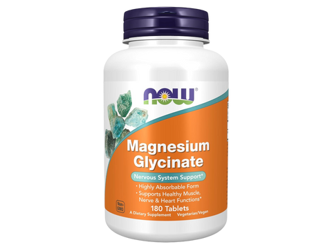 NOW Foods Magnesium Glycinate 200 mg High Absorption Form 180 Veg Tablets front bottle view
