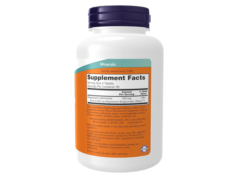 NOW Foods Magnesium Glycinate 200 mg High Absorption Form 180 Veg Tablets Supplement Facts label with magnesium details