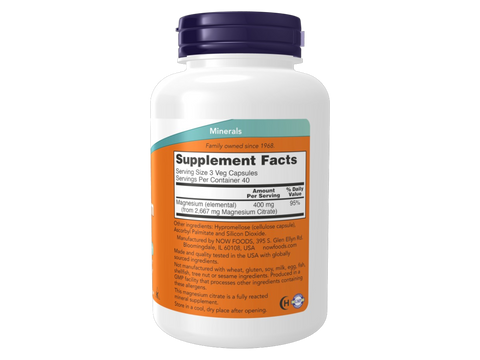 NOW Foods Magnesium Supplement 400 mg Elemental Magnesium Citrate Veg Capsules 120 Veg Capsules Supplement Facts label with magnesium details