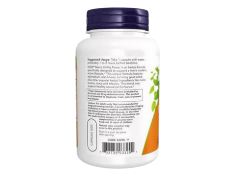 NOW Foods Men's Virility Power Male Performance Formula 120 Veg Capsules suggested usage directions and product barcode