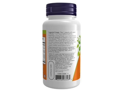 NOW Foods Men's Virility Power Male Performance Formula 60 Veg Capsules suggested usage directions and product barcode
