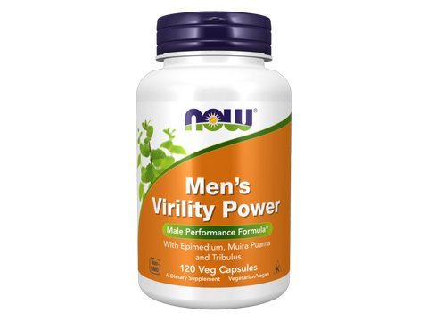 NOW Foods Men's Virility Power Male Performance Formula with Epimedium Muira Puama and Tribulus 120 Veg Capsules front bottle view