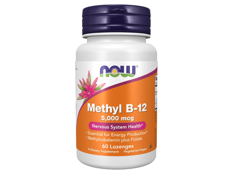 NOW Foods Methyl B-12 5000 mcg and Folate Lozenges Vegan Lozenges 60 Lozenges front bottle view