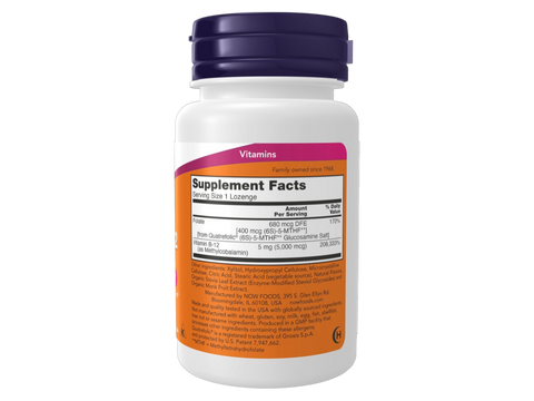 NOW Foods Methyl B-12 5000 mcg and Folate Lozenges Vegan Lozenges 60 Lozenges Supplement Facts label with vitamin B12 and folate details