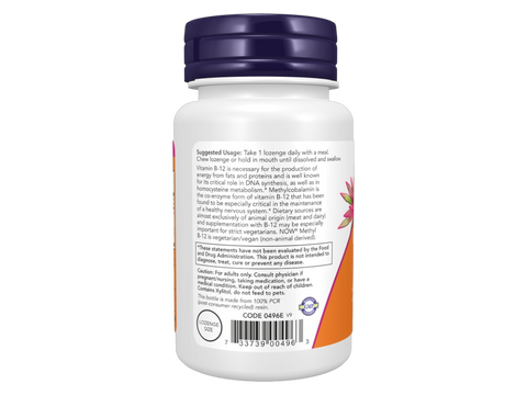 NOW Foods Methyl B-12 5000 mcg and Folate Lozenges Vegan Lozenges 60 Lozenges suggested usage directions and product barcode