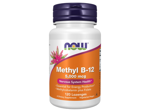 NOW Foods Methyl B-12 5000 mcg and Folate Lozenges Vegan Lozenges 120 Lozenges front bottle view
