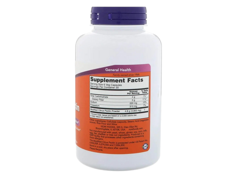 NOW Foods Modified Citrus Pectin Veg Capsules 800 mg per Serving 180 Veg Capsules Supplement Facts label with ingredient details