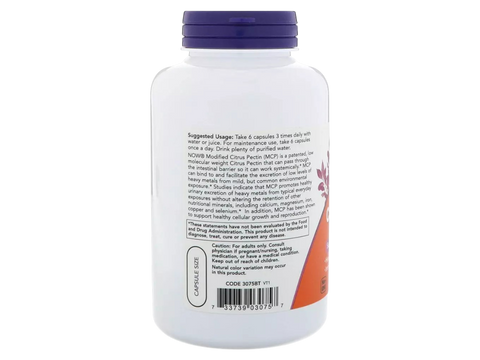 NOW Foods Modified Citrus Pectin Veg Capsules 800 mg per Serving 180 Veg Capsules suggested usage directions and product barcode