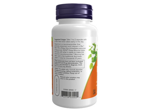 NOW Foods Mucuna Pruriens Extract Standardized 15 Percent L-Dopa Veg Capsules 90 Veg Capsules suggested usage directions and product barcode