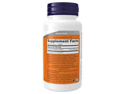 NOW Foods NAC 1000 mg Tablets N-Acetyl Cysteine Amino Acid 120 Tablets Supplement Facts label with antioxidant details