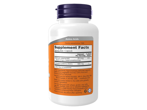 NOW Foods NAC 600 mg with Selenium N-Acetyl Cysteine Capsules 100 Capsules Supplement Facts label with antioxidant and selenium details