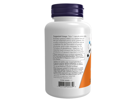 NOW Foods NAC 600 mg with Selenium N-Acetyl Cysteine Capsules 100 Capsules suggested usage directions and product barcode