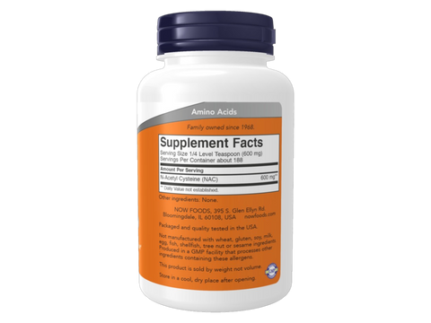 NOW Foods NAC Pure Powder 600 mg N-Acetyl Cysteine 113 g Supplement Facts label with antioxidant details