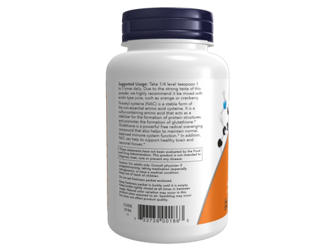 NOW Foods NAC Pure Powder 600 mg N-Acetyl Cysteine 113 g suggested usage directions and product barcode