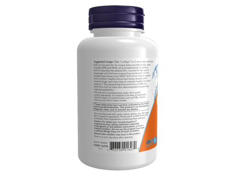 NOW Foods NKO Krill Oil 1000 mg Phospholipid Omega-3 Softgels 60 Count suggested usage directions and product barcode