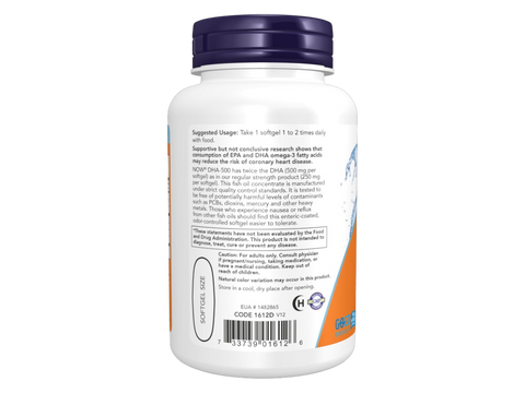 NOW Foods Omega-3 Fish Oil 500 mg DHA 250 mg EPA Enteric Coated Softgels 90 Softgels suggested usage directions and product barcode