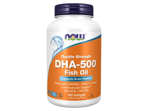 NOW Foods Omega-3 Fish Oil 500 mg DHA 250 mg EPA Enteric Coated Softgels 180 Softgels front bottle view