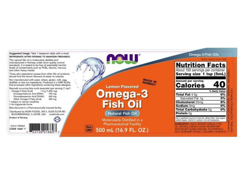 NOW Foods Omega-3 Fish Oil Liquid Lemon Flavour with EPA and DHA 500 mL suggested usage directions and product barcode