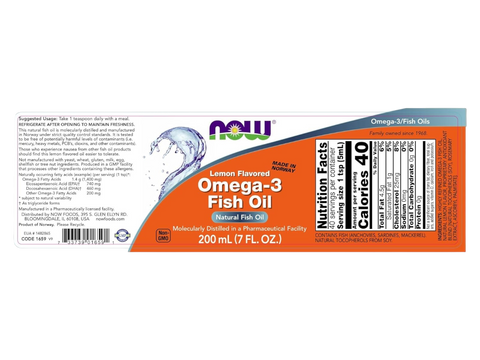 NOW Foods Omega-3 Fish Oil Liquid Lemon Flavour with EPA and DHA 200 mL suggested usage directions and product barcode