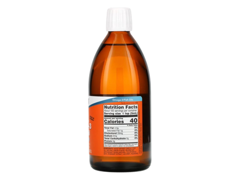 NOW Foods Omega-3 Fish Oil Liquid Lemon Flavour with EPA and DHA 500 mL Supplement Facts label with omega-3 content details