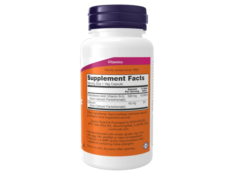 NOW Foods Pantothenic Acid 500 mg Vitamin B-5 Veg Capsules 100 Veg Capsules Supplement Facts label with vitamin B5 details