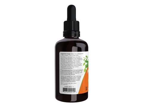 NOW Foods Pau D'Arco Herbal Extract Liquid Drops 59 mL suggested usage directions and product barcode