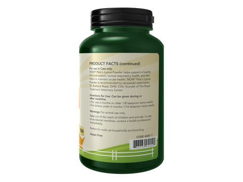 NOW Pets L-Lysine Powder for Cats Pure Amino Acid Supplement 226.8 g suggested usage directions and product barcode