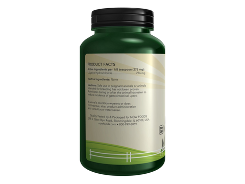 NOW Pets L-Lysine Powder for Cats Pure Amino Acid Supplement 226.8 g Supplement Facts label with amino acid details