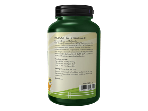 NOW Pets Omega-3 Fish Oil Softgels for Dogs and Cats 180 Softgels suggested usage directions and product barcode