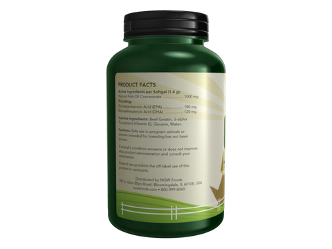 NOW Pets Omega-3 Fish Oil Softgels for Dogs and Cats 180 Softgels Supplement Facts label with omega-3 content details