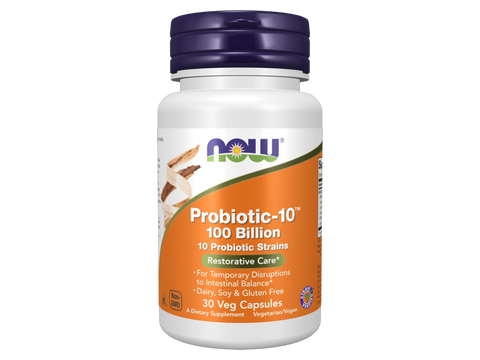 NOW Foods Probiotic-10 100 Billion CFU 10 Strains Veg Capsules 30 Veg Capsules front bottle view