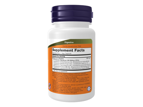 NOW Foods Probiotic-10 100 Billion CFU 10 Strains Veg Capsules 30 Veg Capsules Supplement Facts label with probiotic strains details