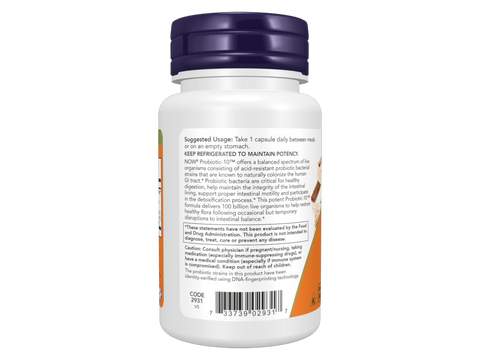 NOW Foods Probiotic-10 100 Billion CFU 10 Strains Veg Capsules 30 Veg Capsules suggested usage directions and product barcode